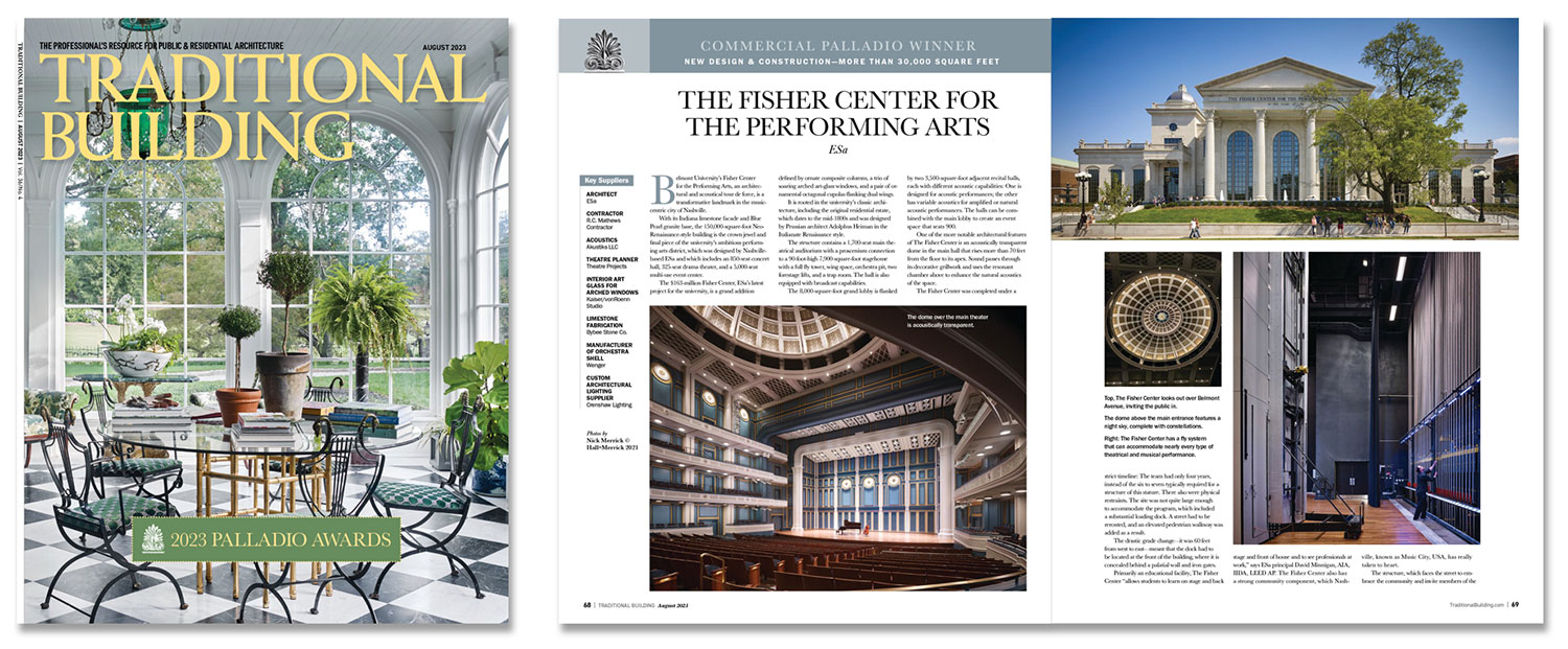 Traditional Building Magazine, 2023 Palladio Award, The Fisher Center for the Performing Arts at Belmont University